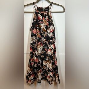 French Kiss  Black Floral Halter Dress with Pink and Cream Blooms Size Small